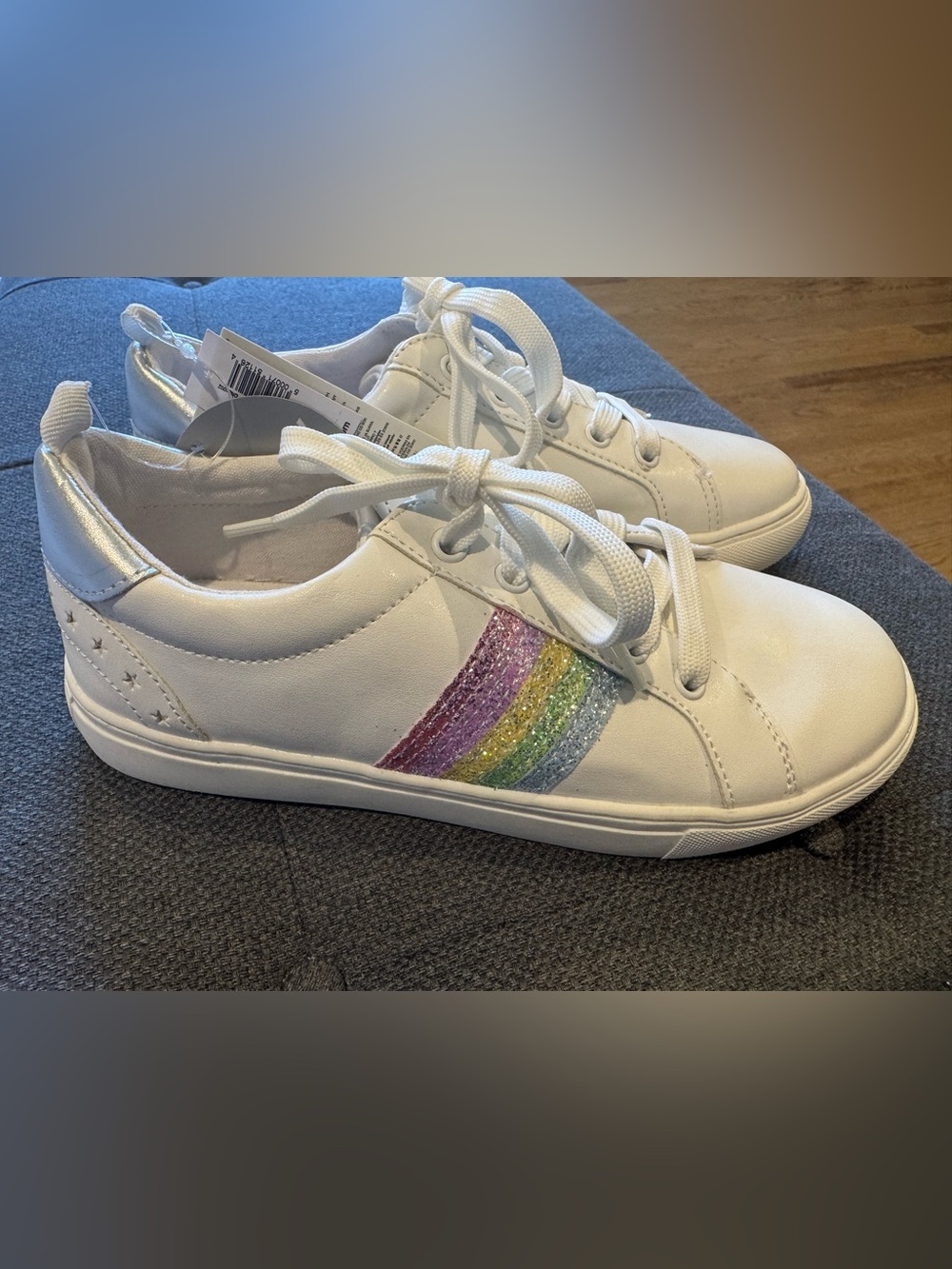 GAP White Sneakers with Pink, Purple, Yellow, Green & Silver Glitter Stripes NWT